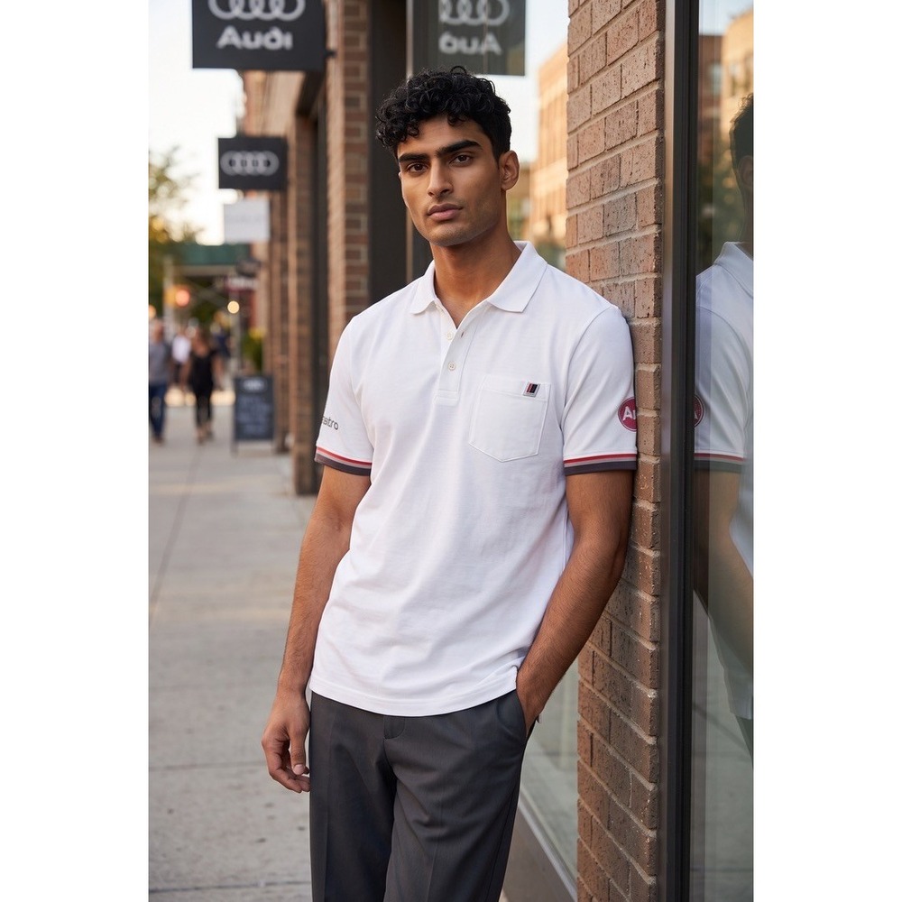 Audi Collection Mens White Quattro Audi Sport Pique Polo New SZ 2XL Spots RARE!